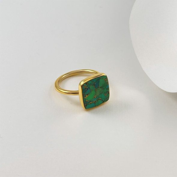 Δαχτυλίδι τετράγωνο με πράσσινο μωσαΪκο - ΚΙΤΡΙΝΟ, ΑΣΗΜΙ, GREEN , 52cm - 1