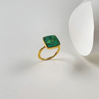 Δαχτυλίδι τετράγωνο με πράσσινο μωσαΪκο - ΚΙΤΡΙΝΟ, ΑΣΗΜΙ, GREEN , 52cm
